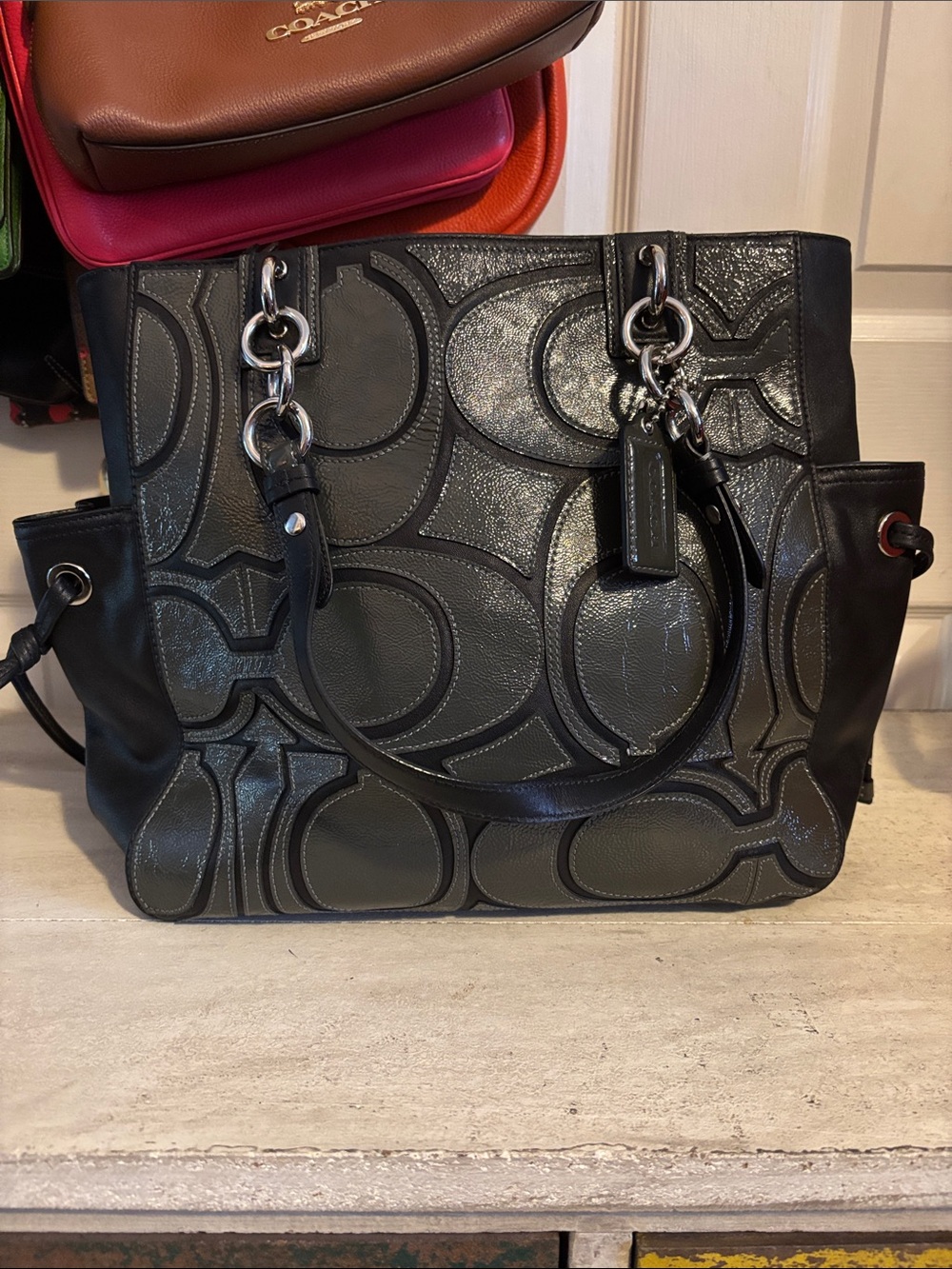 Coach Black Embossed Signature Tote with Silver Hardware